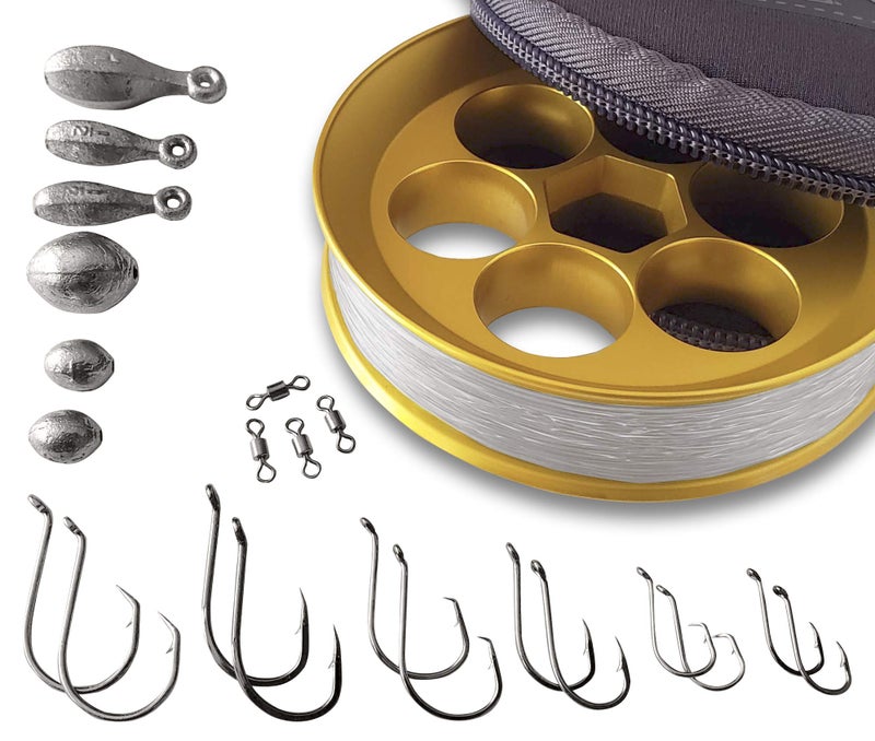 Yoyito Aluminum Hand Line Reel Pocket / Travel Fishing Kit (Gold Reel / 30 lb Clear line) - Image 1